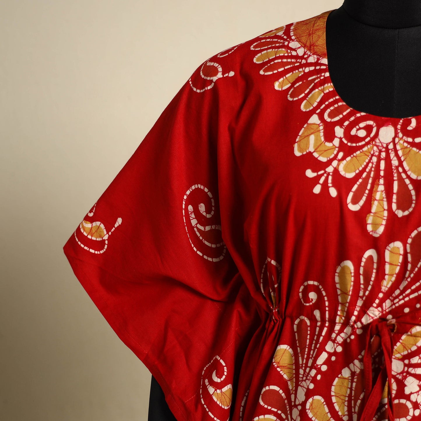Red - cotton hand batik kaftan with tie-up waist (long) 14