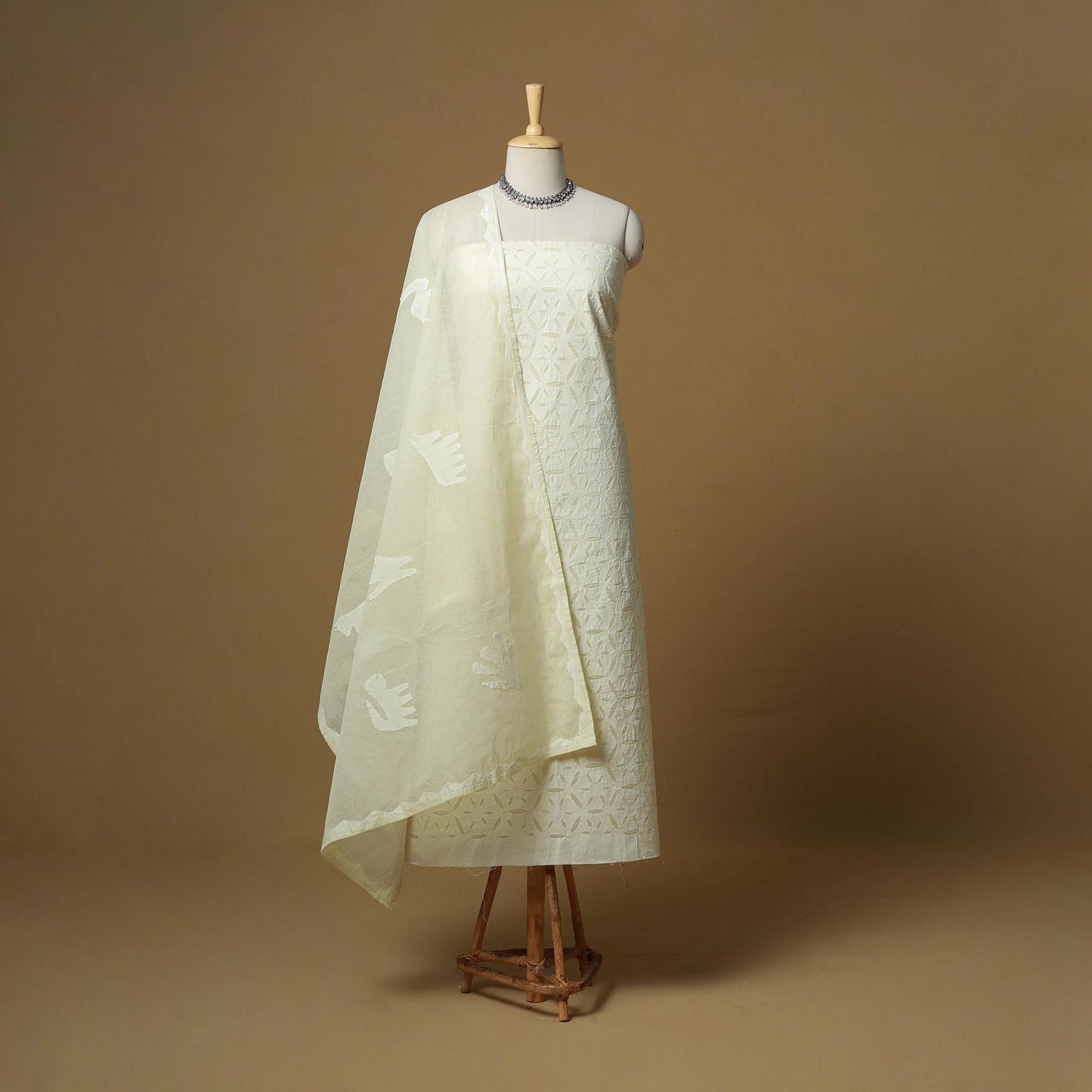 Yellow - Barmer Cut Work Cotton Applique 3pc Unstitched Dress Material 17