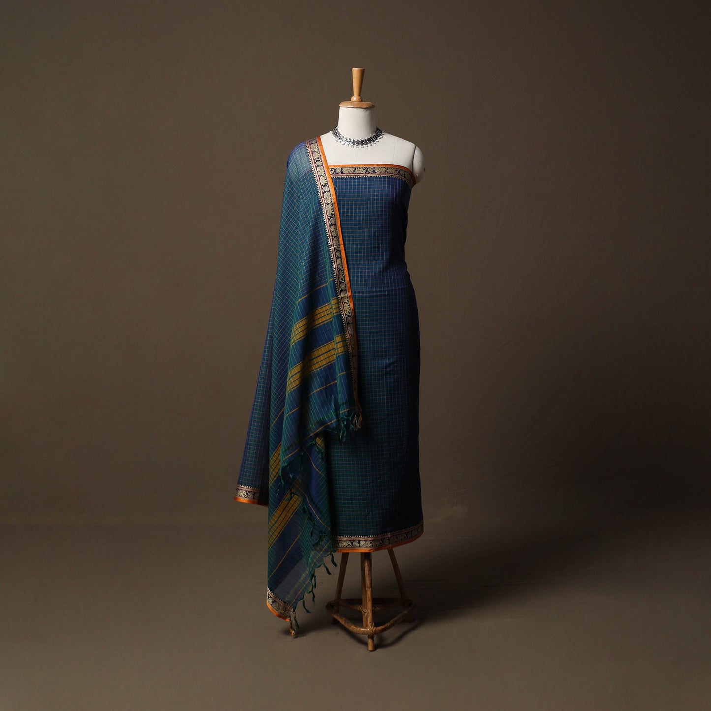 Dharwad Checks Mercerised Cotton 3pc Unstitched Dress Material Suit Set with Woven Border 95