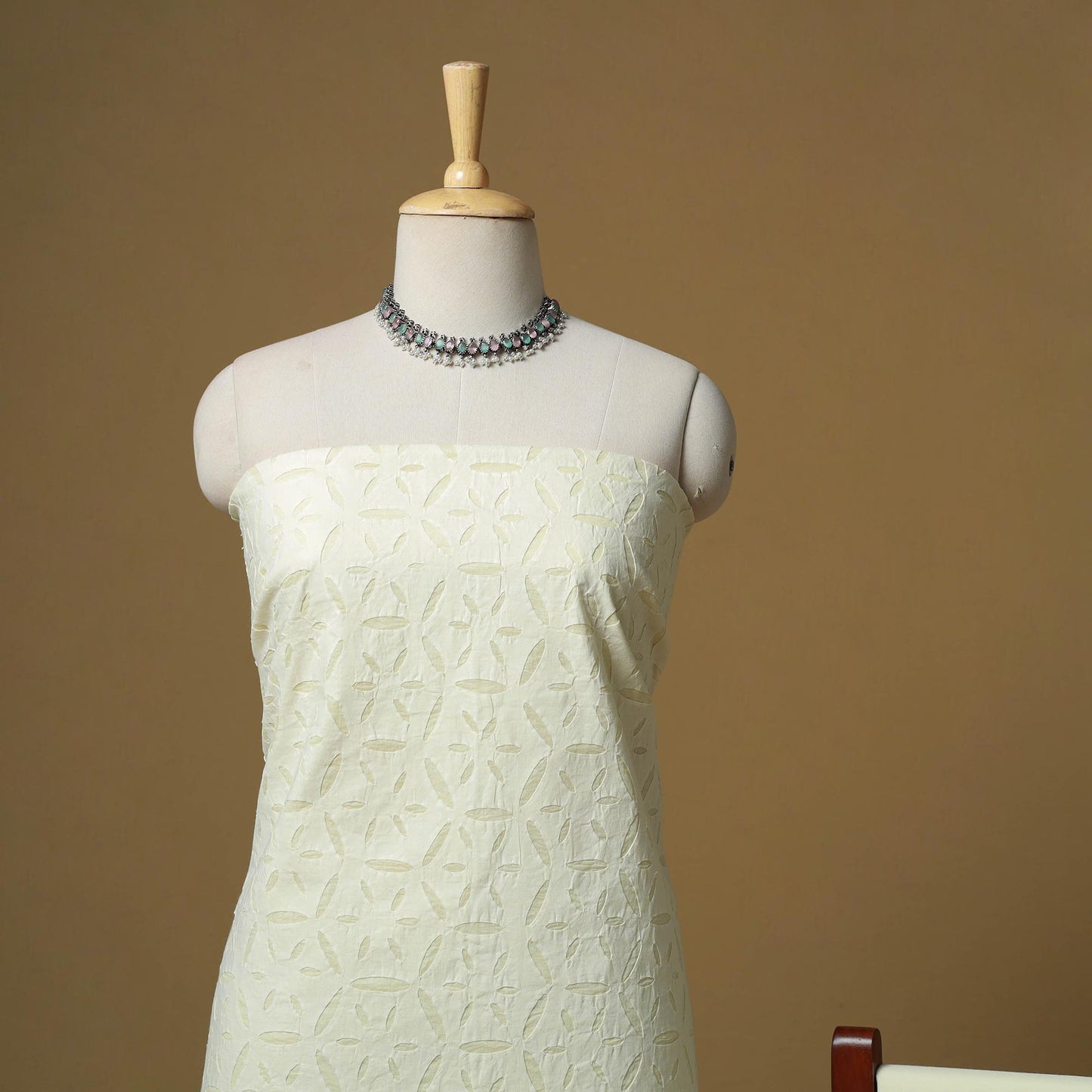 Yellow - Barmer Cut Work Cotton Applique 3pc Unstitched Dress Material 17