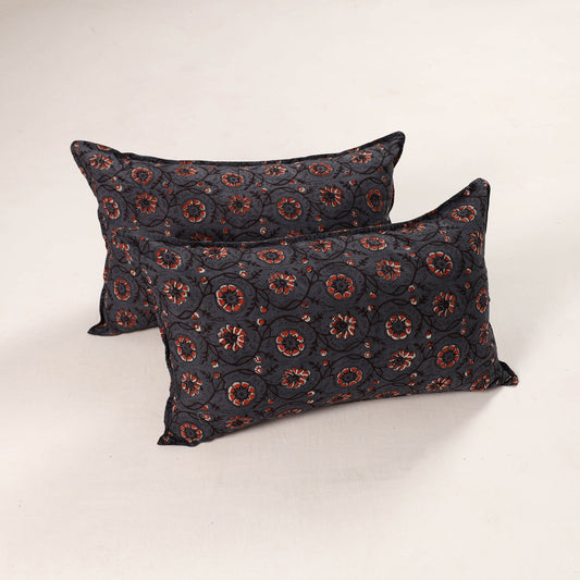 Grey - Set of 2 Bagru Block Print Cotton Pillow Covers 35