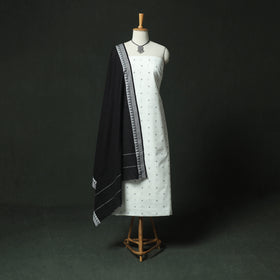 White - Jacquard Woven 2pc Cotton Unstitched Dress Material Kurta Set with Jewellery 07
