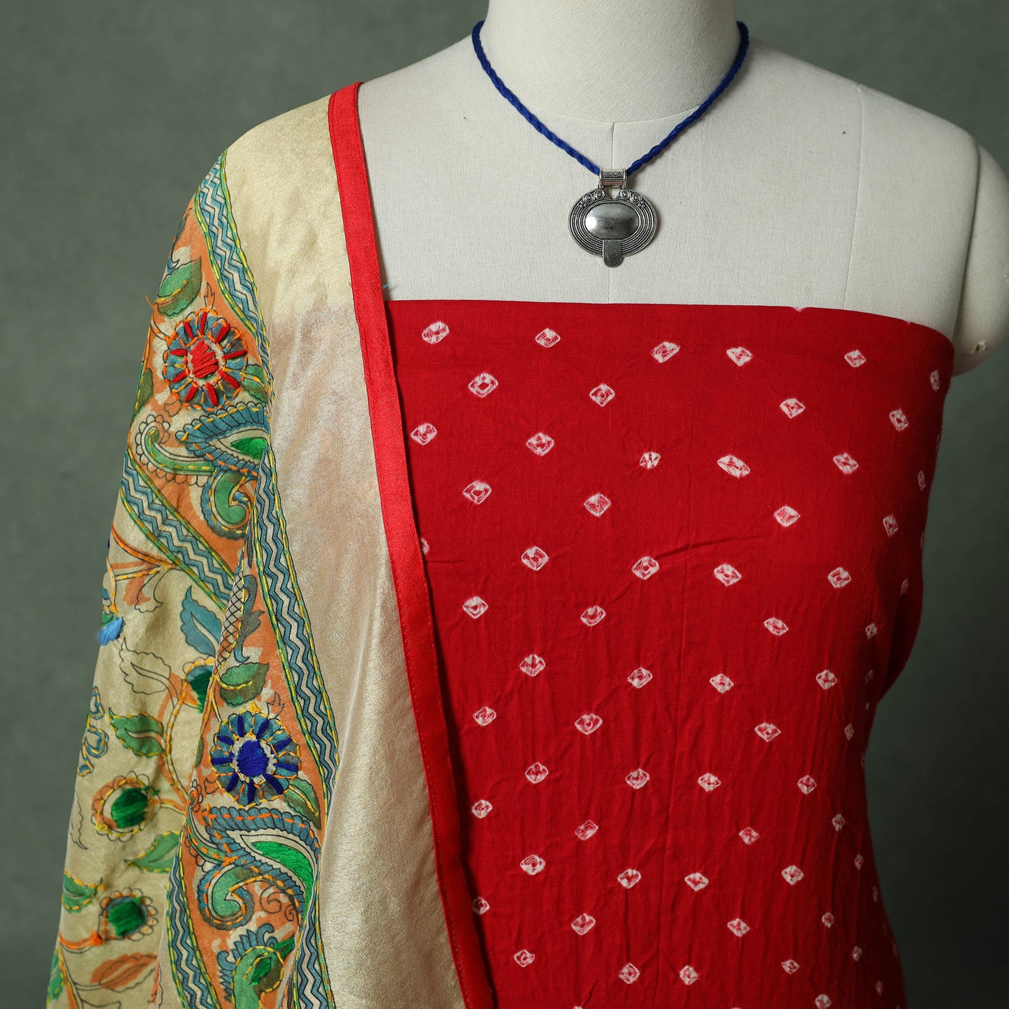 Kutch Bandhani Tie-Dye Cotton 2pc Unstitched Dress Material Kurta Set with Jewellery 11