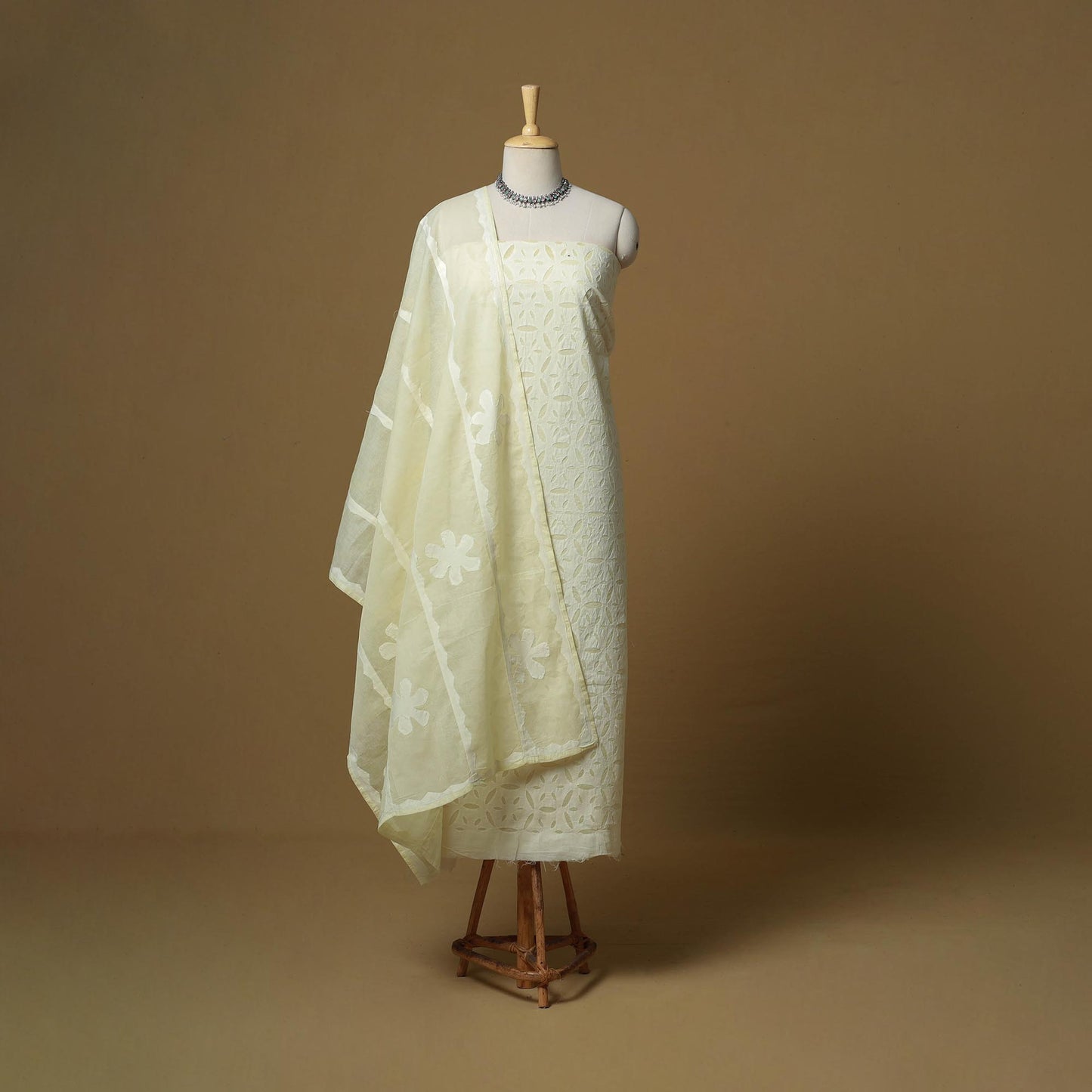 Yellow - Barmer Cut Work Cotton Applique 3pc Unstitched Dress Material 15