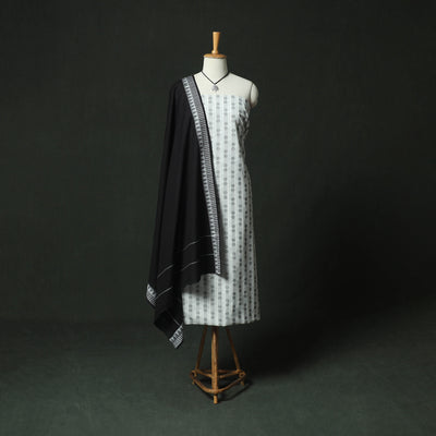 White - Jacquard Woven 2pc Cotton Unstitched Dress Material Kurta Set with Jewellery 08