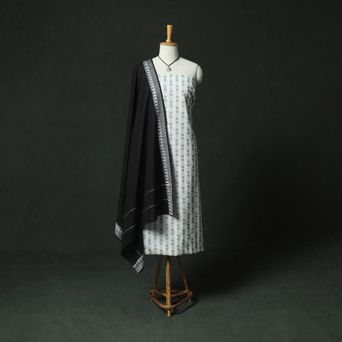 White - Jacquard Woven 2pc Cotton Unstitched Dress Material Kurta Set with Jewellery 08