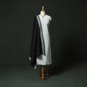 White - Jacquard Woven 2pc Cotton Unstitched Dress Material Kurta Set with Jewellery 08