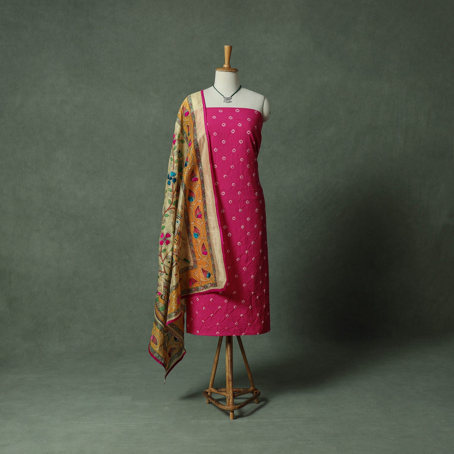 Kutch Bandhani Tie-Dye Pure Mul Cotton 2pc Unstitched Dress Material Kurta Set with Jewellery 12
