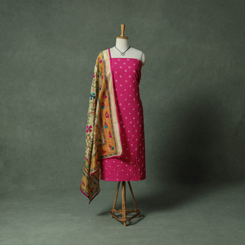 Kutch Bandhani Tie-Dye Pure Mul Cotton 2pc Unstitched Dress Material Kurta Set with Jewellery 12