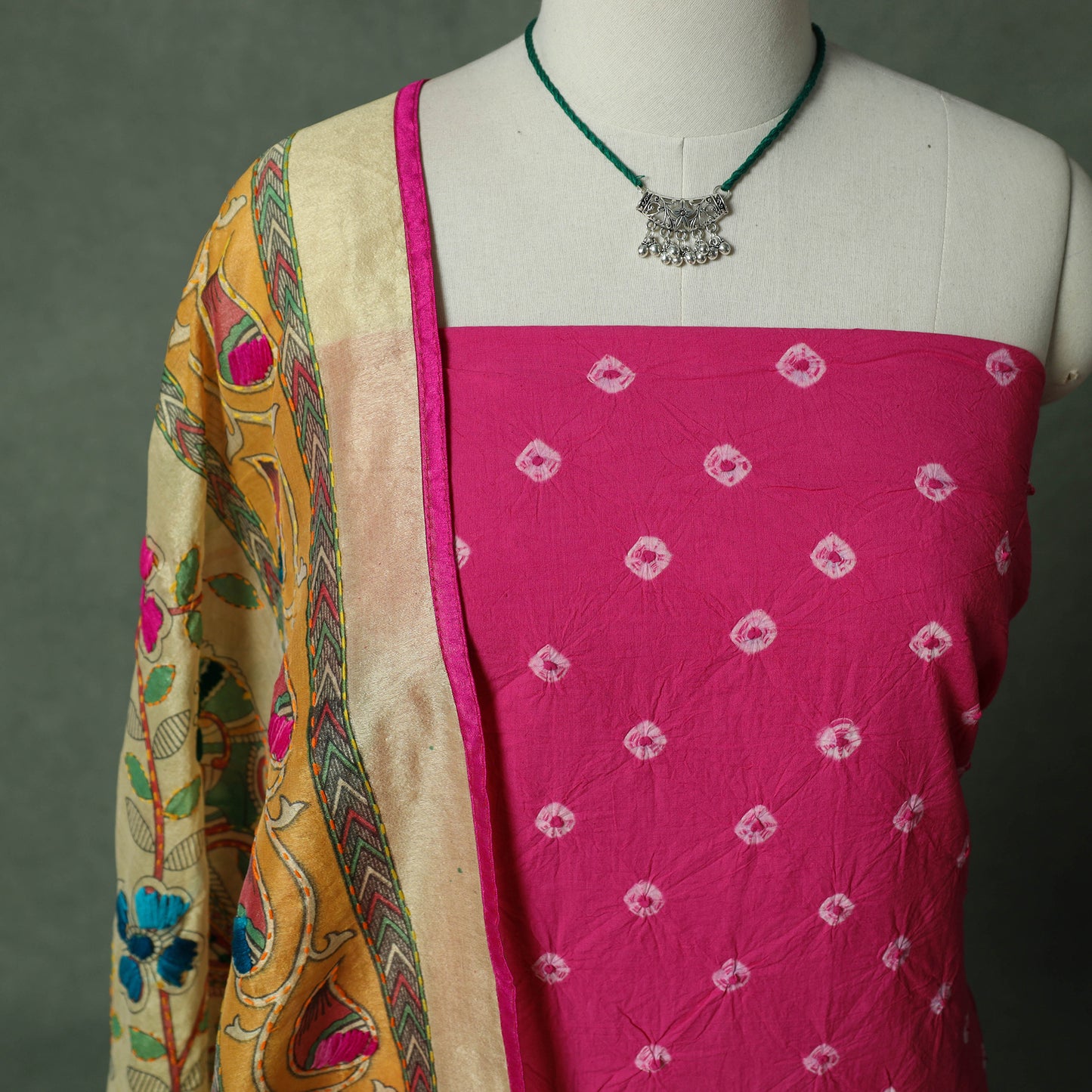 Kutch Bandhani Tie-Dye Pure Mul Cotton 2pc Unstitched Dress Material Kurta Set with Jewellery 12