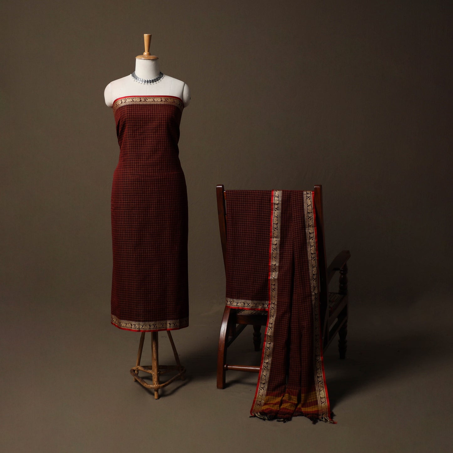 Dharwad Checks Mercerised Cotton 3pc Unstitched Dress Material Suit Set with Woven Border 83