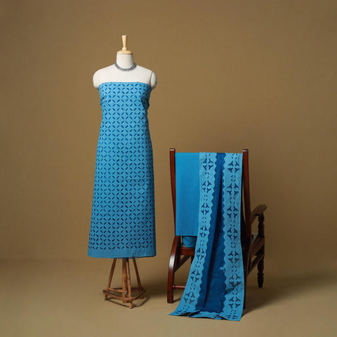 Blue - Barmer Cut Work Cotton Applique 3pc Unstitched Dress Material 08