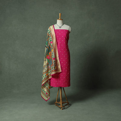 Kutch Bandhani Tie-Dye Pure Mul Cotton 2pc Unstitched Dress Material Kurta Set with Jewellery 13