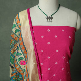 Kutch Bandhani Tie-Dye Pure Mul Cotton 2pc Unstitched Dress Material Kurta Set with Jewellery 13