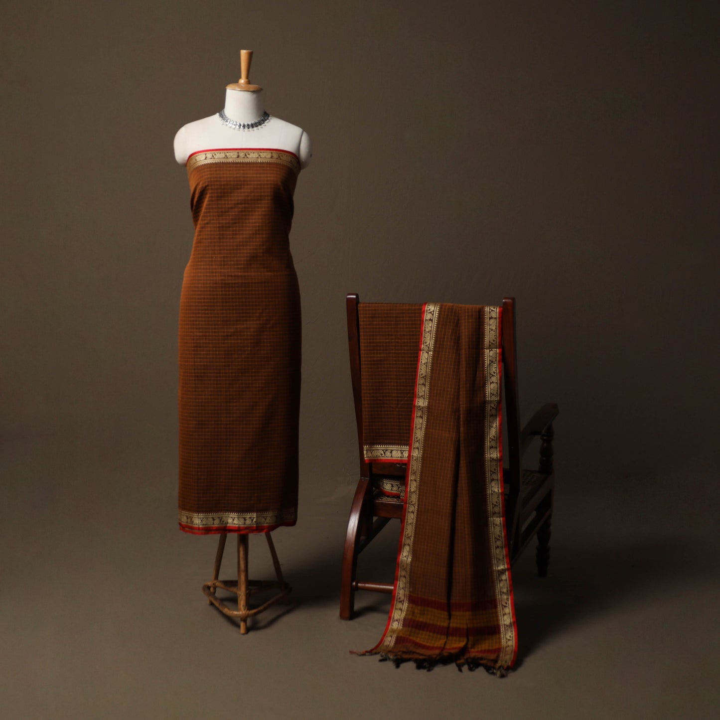 Dharwad Checks Mercerised Cotton 3pc Unstitched Dress Material Suit Set with Woven Border 84