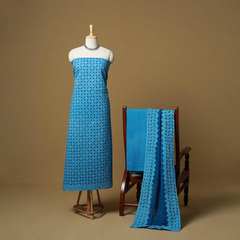 Blue - Barmer Cut Work Cotton Applique 3pc Unstitched Dress Material 25