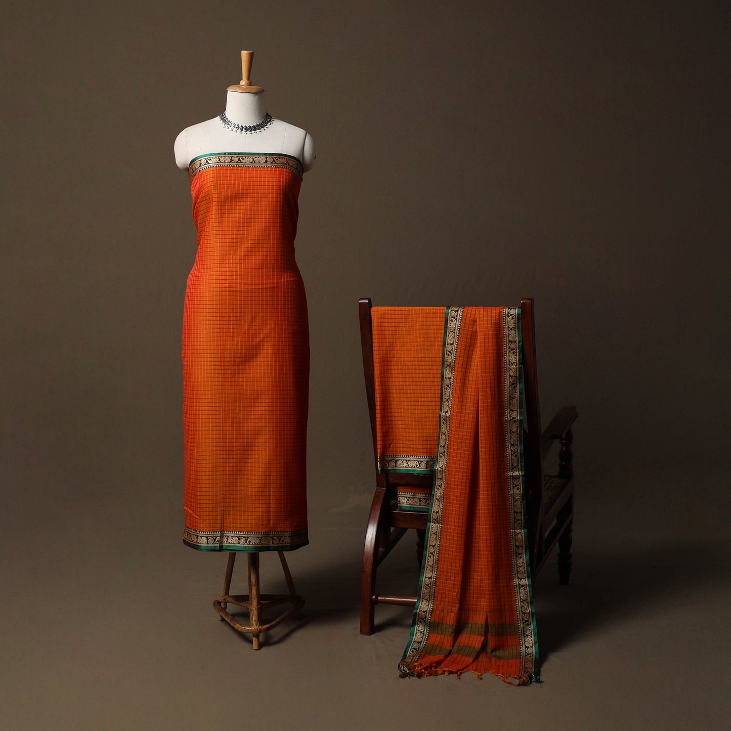 Dharwad Checks Mercerised Cotton 3pc Unstitched Dress Material Suit Set with Woven Border 85
