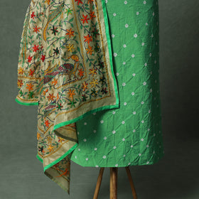 Kutch Bandhani Tie-Dye Pure Mul Cotton 2pc Unstitched Dress Material Kurta Set with Jewellery 14