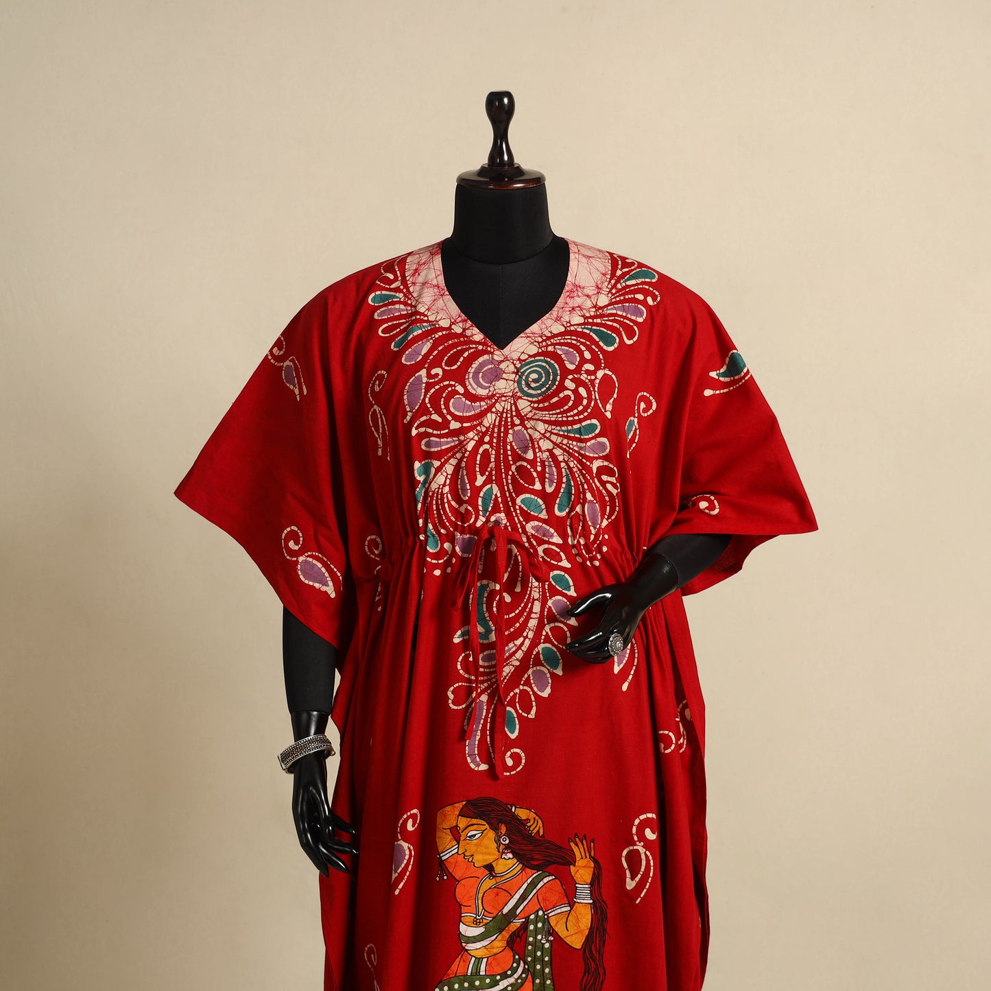 Red - cotton hand batik kaftan with tie-up waist (long) 17