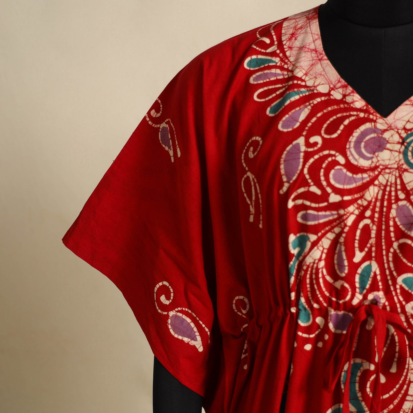 Red - cotton hand batik kaftan with tie-up waist (long) 17