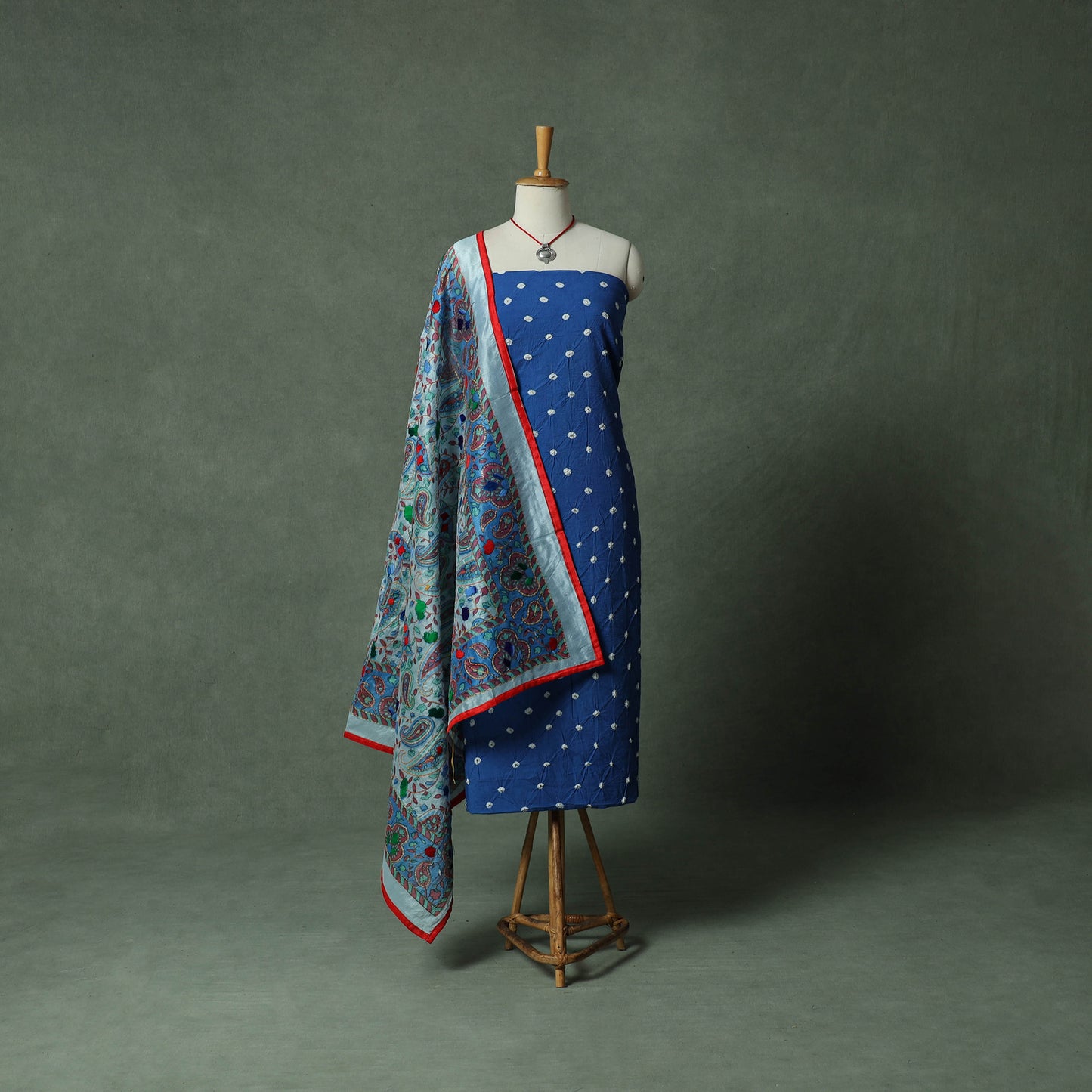Kutch Bandhani Tie-Dye Pure Mul Cotton 2pc Unstitched Dress Material Kurta Set with Jewellery 15