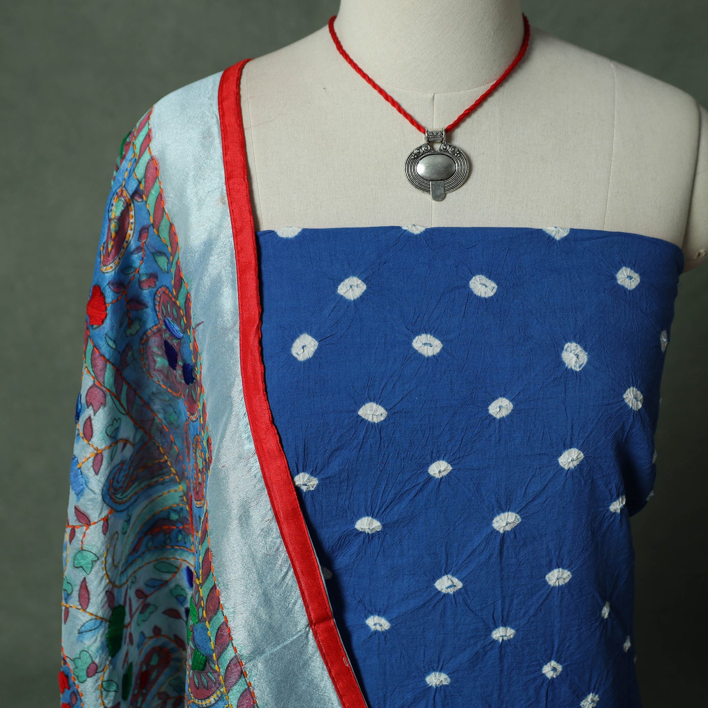 Kutch Bandhani Tie-Dye Pure Mul Cotton 2pc Unstitched Dress Material Kurta Set with Jewellery 15