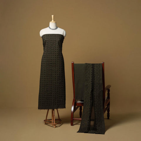 Black - Barmer Cut Work Cotton Applique 3pc Unstitched Dress Material 02