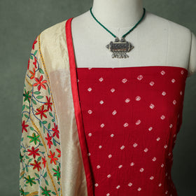Kutch Bandhani Tie-Dye Cotton 2pc Unstitched Dress Material Kurta Set with Jewellery 16