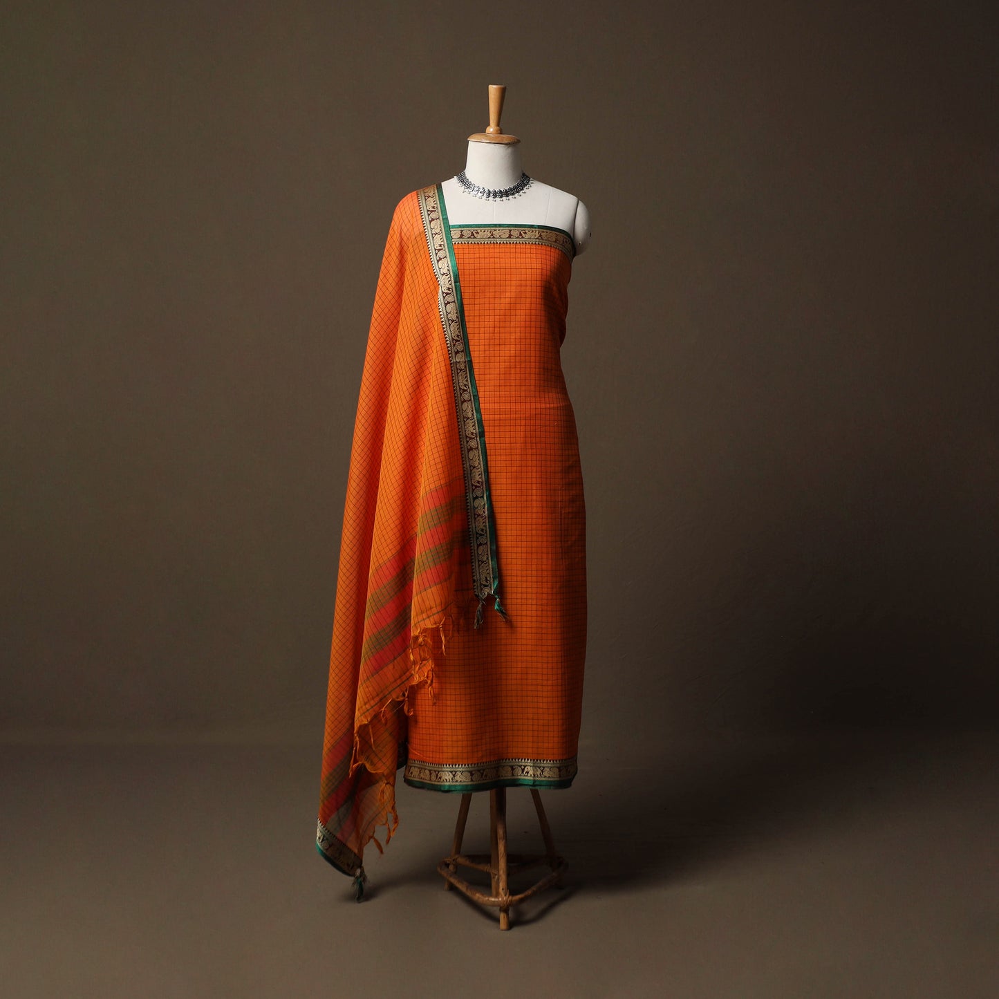 Dharwad Checks Mercerised Cotton 3pc Unstitched Dress Material Suit Set with Woven Border 86