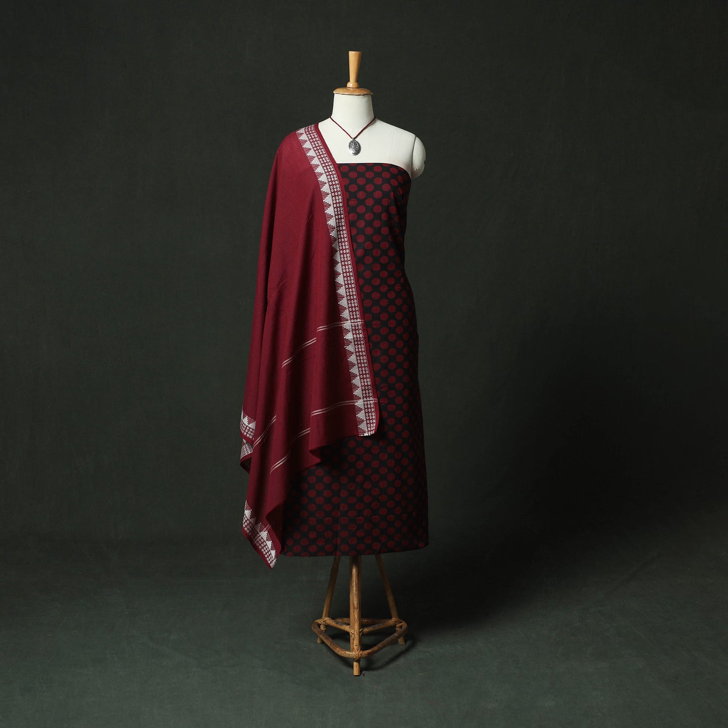 Maroon - Jacquard Woven 2pc Cotton Unstitched Dress Material Kurta Set with Jewellery 12