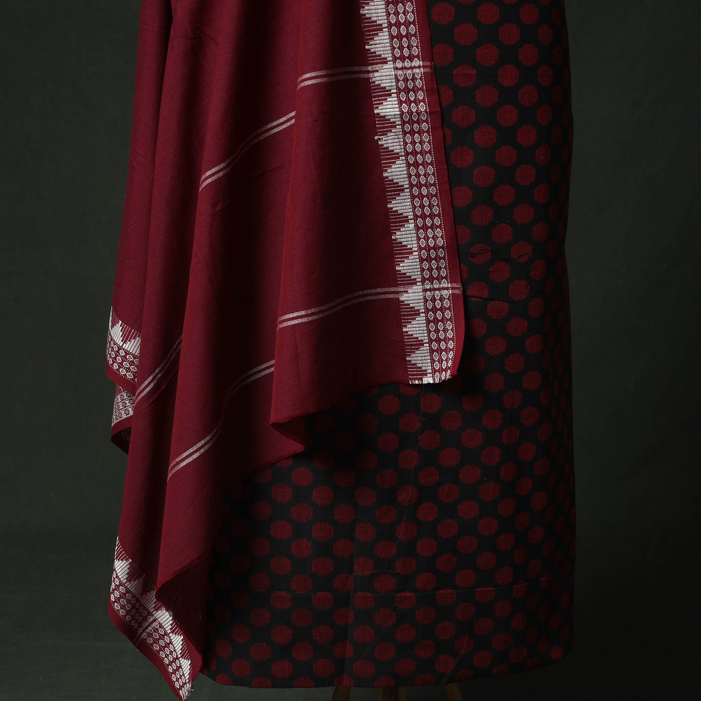 Maroon - Jacquard Woven 2pc Cotton Unstitched Dress Material Kurta Set with Jewellery 12