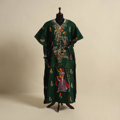 Green - cotton hand batik kaftan with tie-up waist (long)