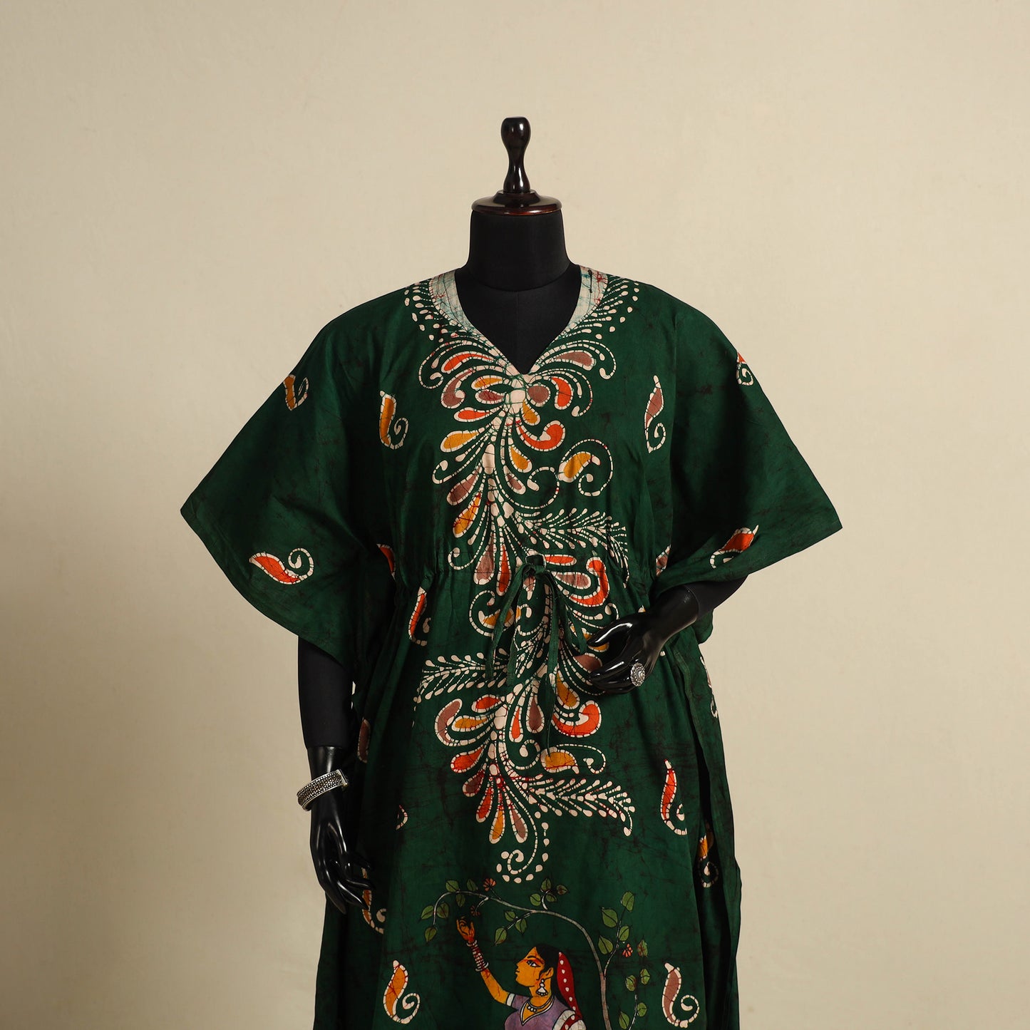 Green - cotton hand batik kaftan with tie-up waist (long)