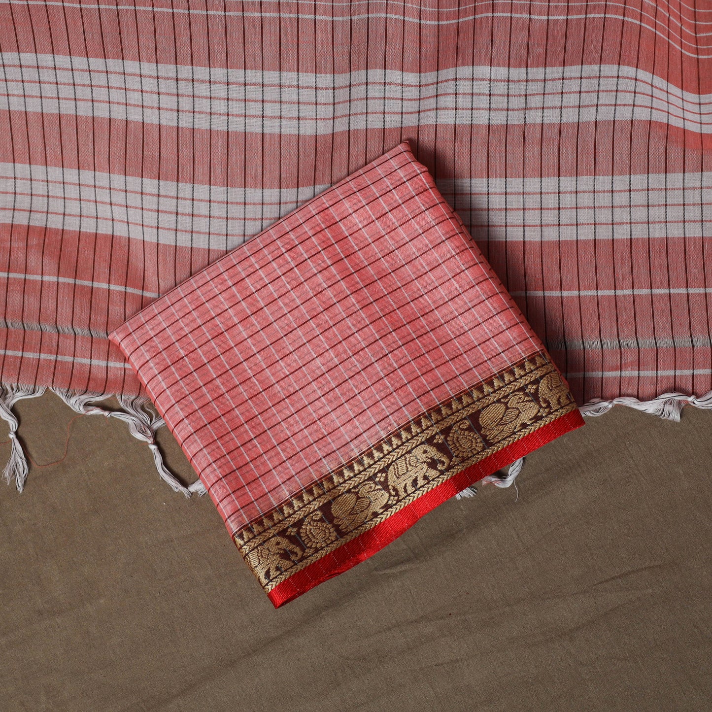 Dharwad Checks Mercerised Cotton 3pc Unstitched Dress Material Suit Set with Woven Border 87