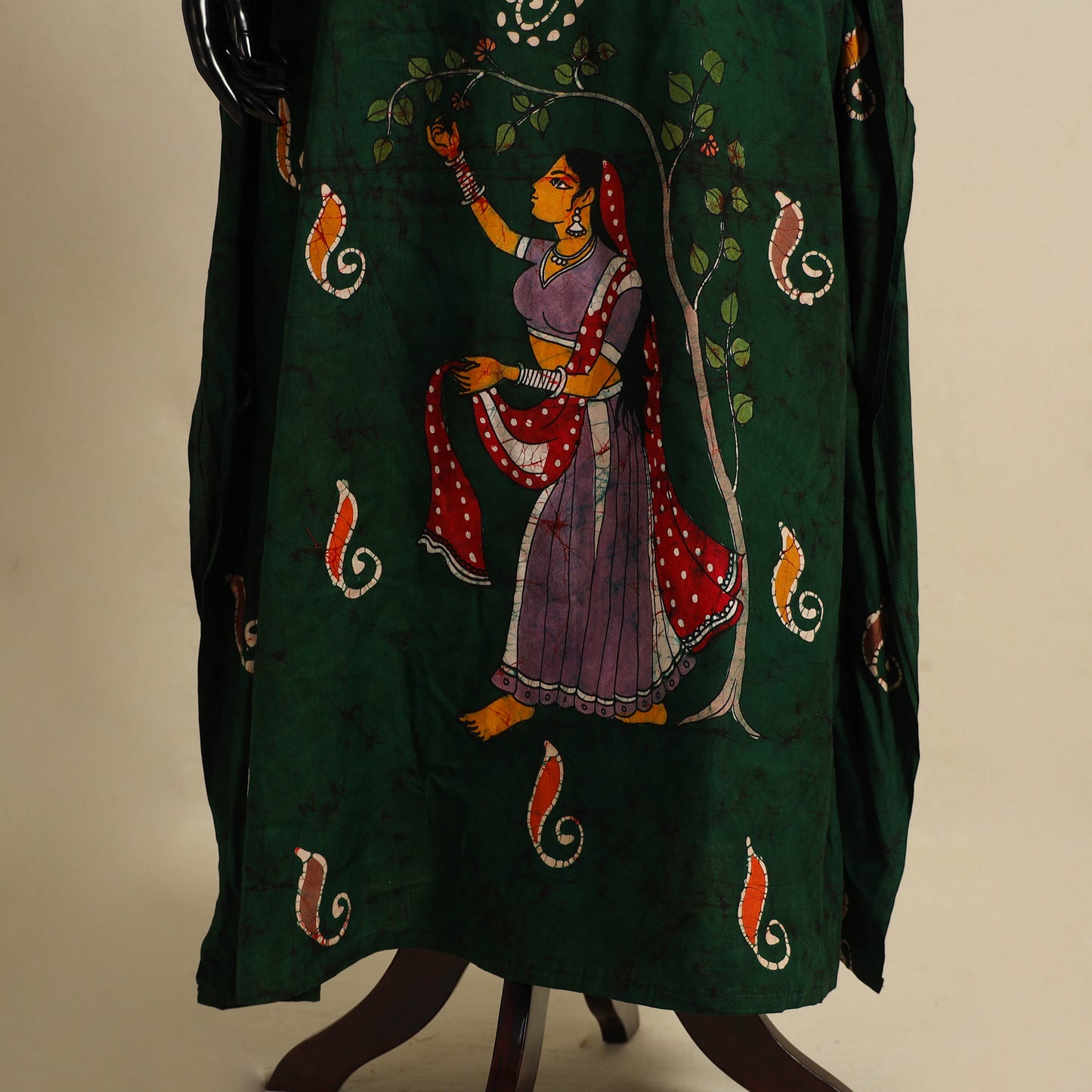 Green - cotton hand batik kaftan with tie-up waist (long)
