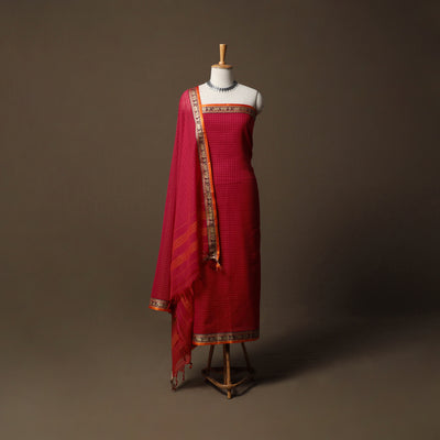 Dharwad Checks Mercerised Cotton 3pc Unstitched Dress Material Suit Set with Woven Border 89