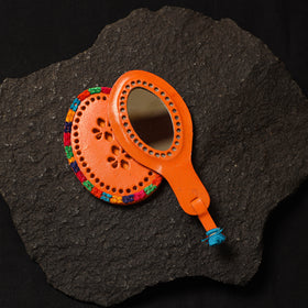 Orange Handcrafted Kutch Cutwork Leather Hand Mirror with Pouch