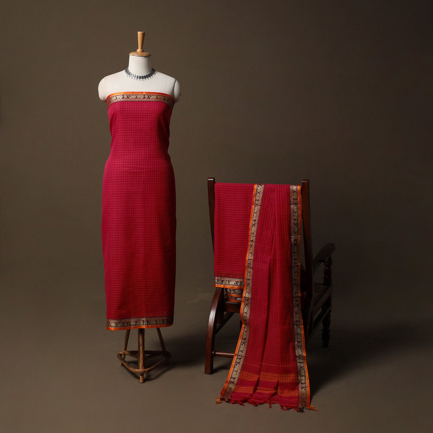 Dharwad Checks Mercerised Cotton 3pc Unstitched Dress Material Suit Set with Woven Border 89