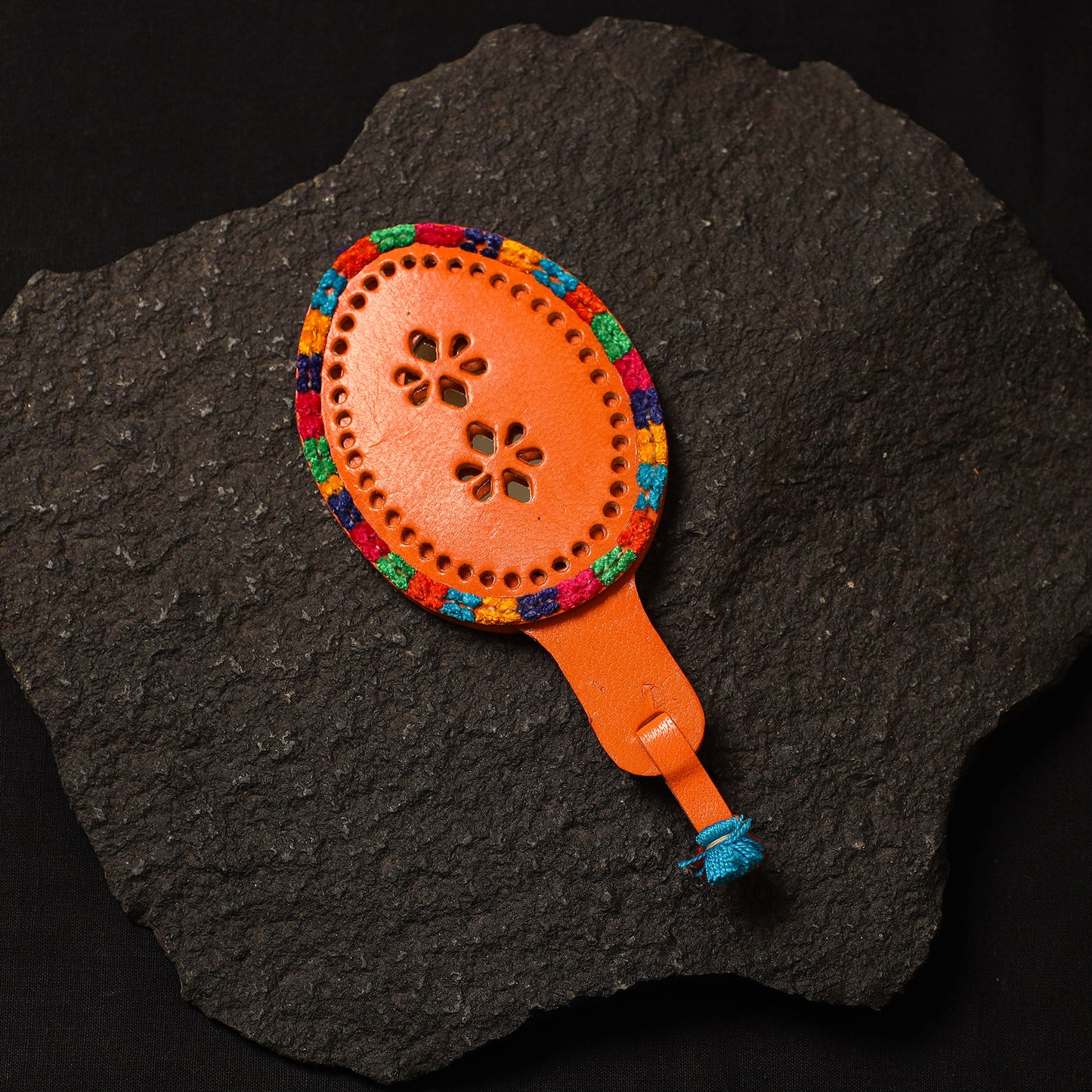 Orange Handcrafted Kutch Cutwork Leather Hand Mirror with Pouch