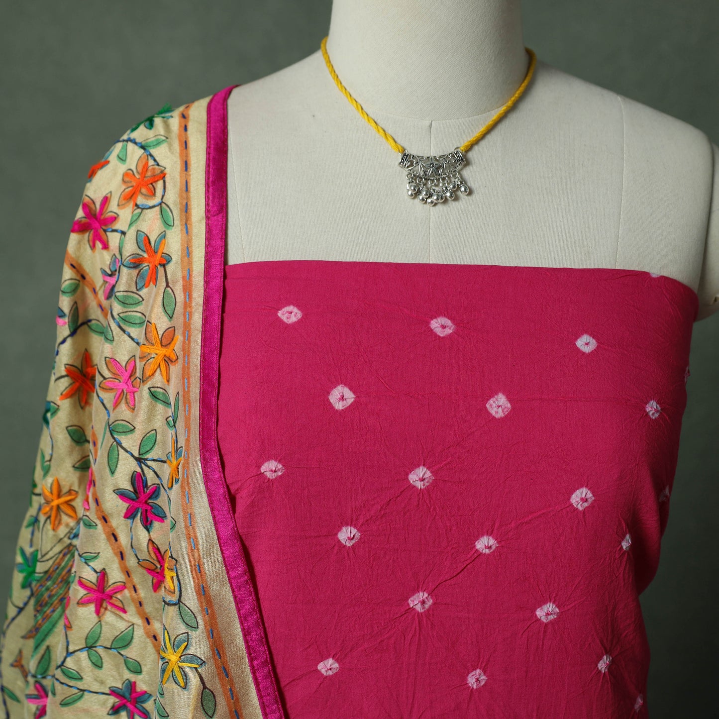 Kutch Bandhani Tie-Dye Pure Mul Cotton 2pc Unstitched Dress Material Kurta Set with Jewellery 19