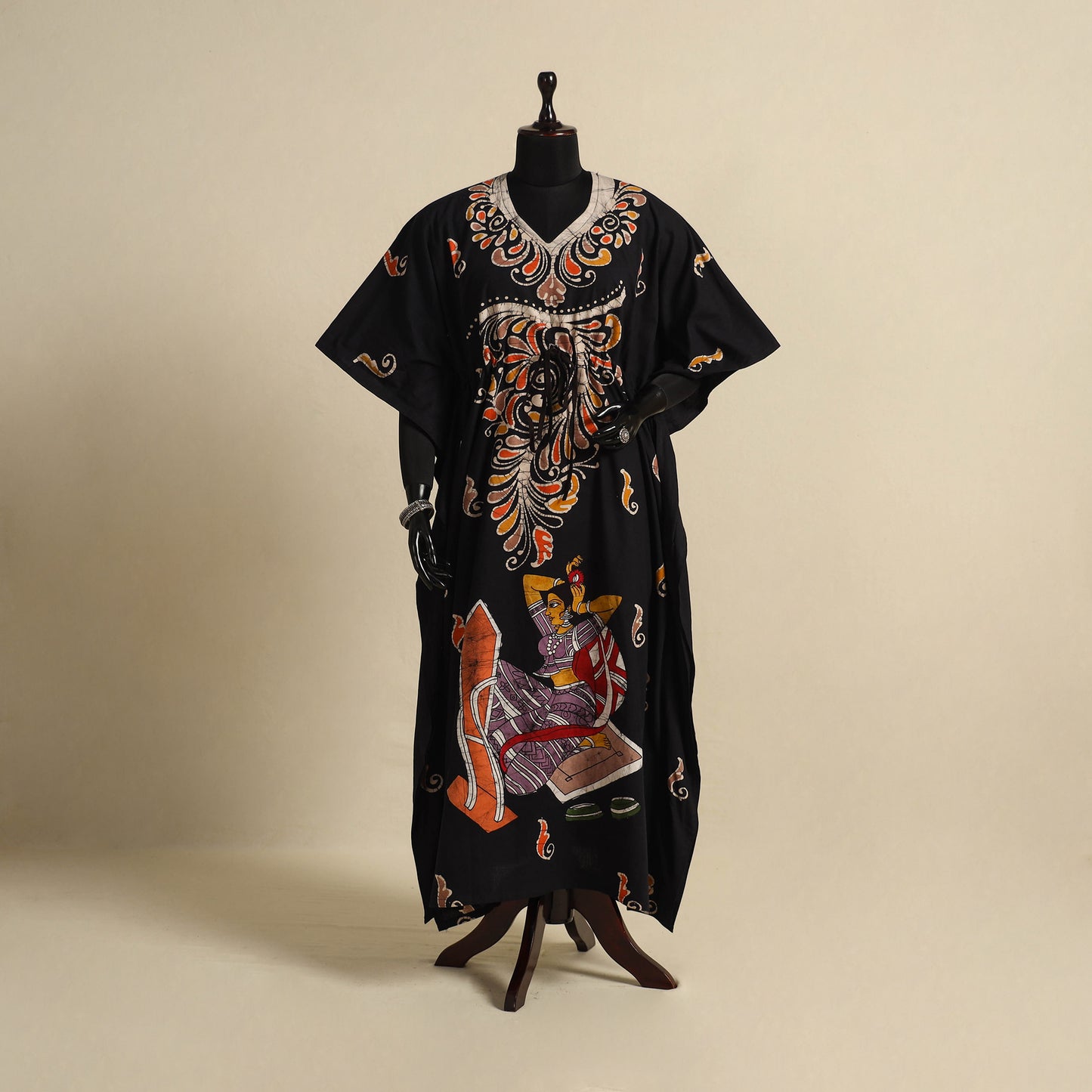 Black - cotton hand batik kaftan with tie-up waist (long)