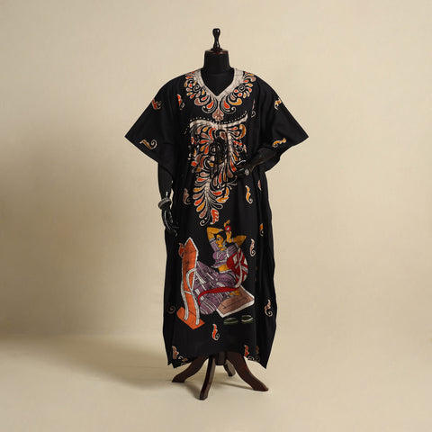 Black - cotton hand batik kaftan with tie-up waist (long)