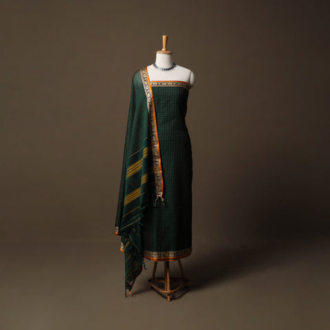 Green - Dharwad Checks Mercerised Cotton 3pc Unstitched Dress Material Suit Set with Woven Border 91