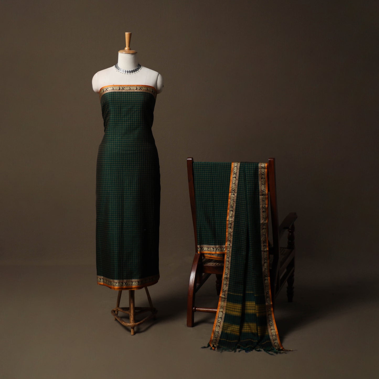 Dharwad Checks Mercerised Cotton 3pc Unstitched Dress Material Suit Set with Woven Border 91