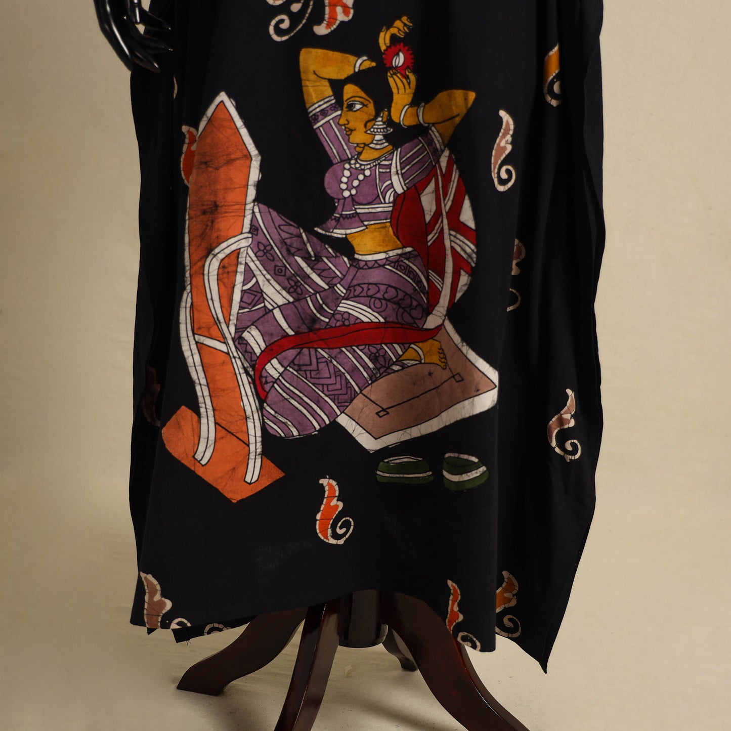 Black - cotton hand batik kaftan with tie-up waist (long)