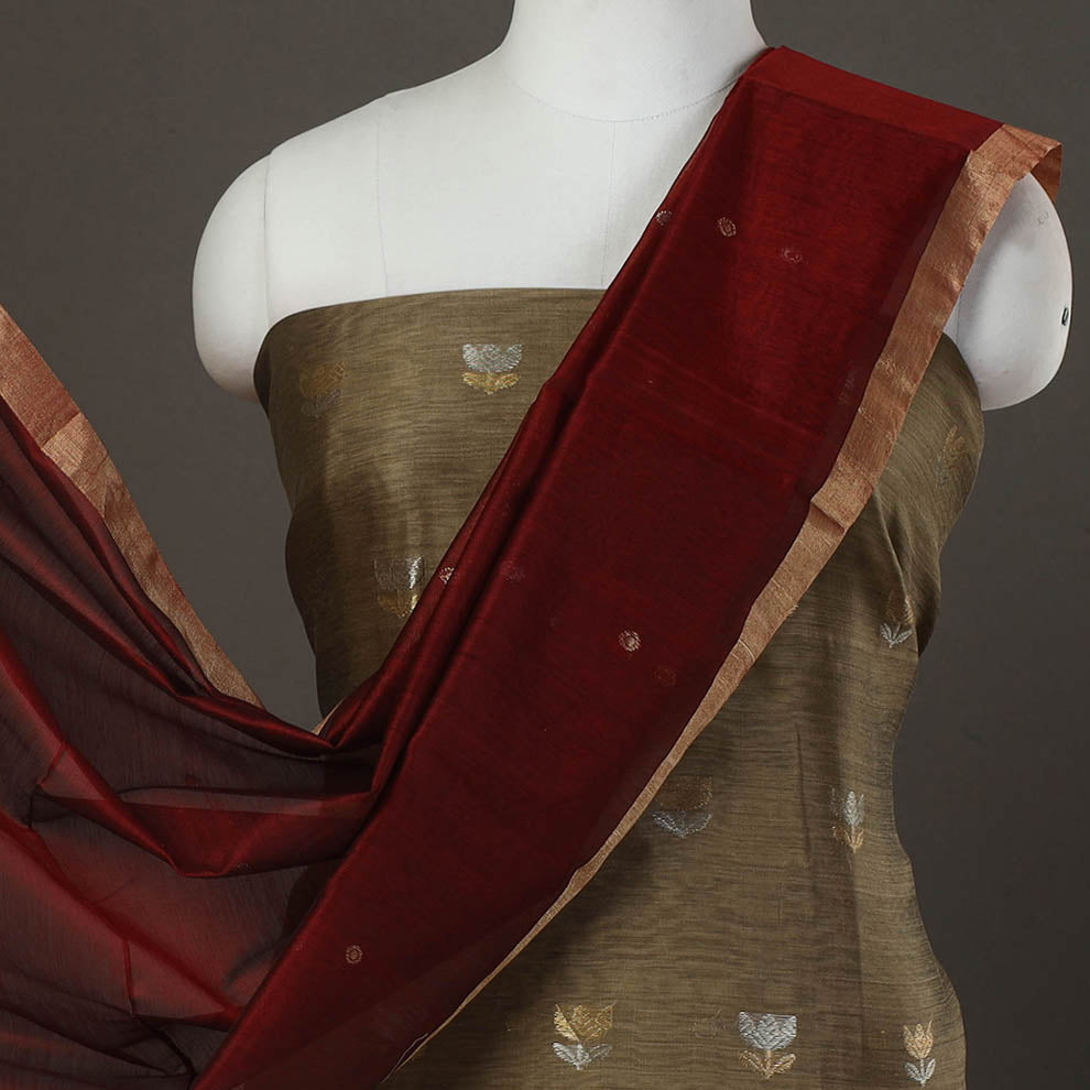 Brown - 2pc Zari Buti Handloom Chanderi Silk Dress Material 17