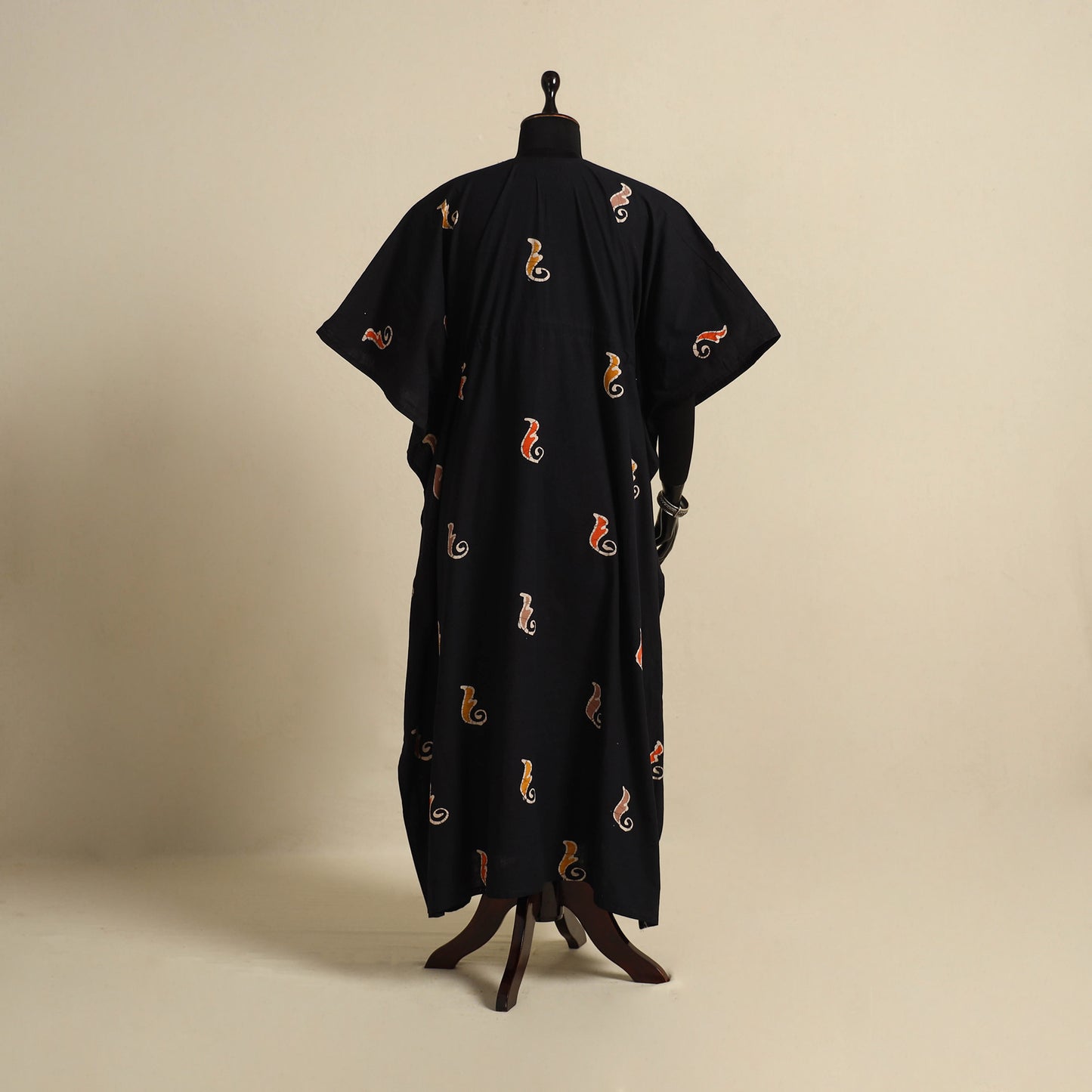 Black - cotton hand batik kaftan with tie-up waist (long)