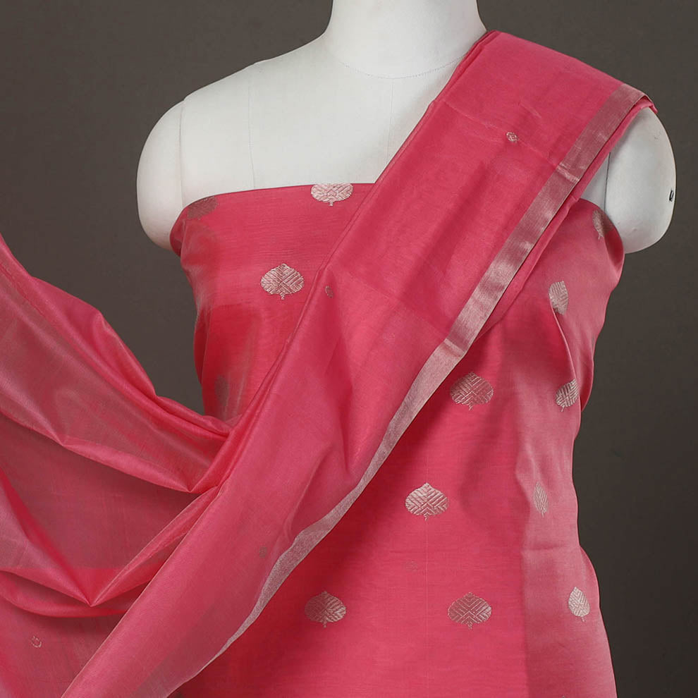 Pink - 2pc Zari Buti Handloom Chanderi Silk Dress Material 19