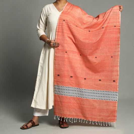 Orange - Assam Weave Handloom Cotton Thread Buti Dupatta with Tassels
