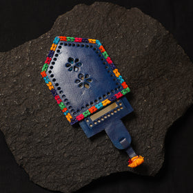 Blue Handcrafted Kutch Cutwork Leather Hand Mirror with Pouch